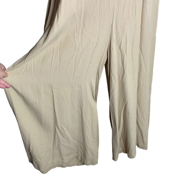Vintage Wide Leg Cropped Jumpsuit L Beige Buttons V Neck Short Sleeve Tie Waist - Picture 3 of 6